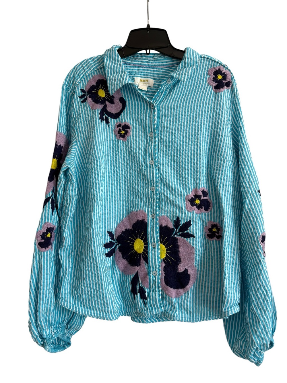 Maeve Anthropologie XL Blue Seersucker Embroidered Floral Button Front Blouse